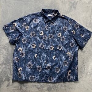 Cafe Luna Button Down Shirt Mens 3XL Blue Excellent Tropical Hibiscus Floral S/S